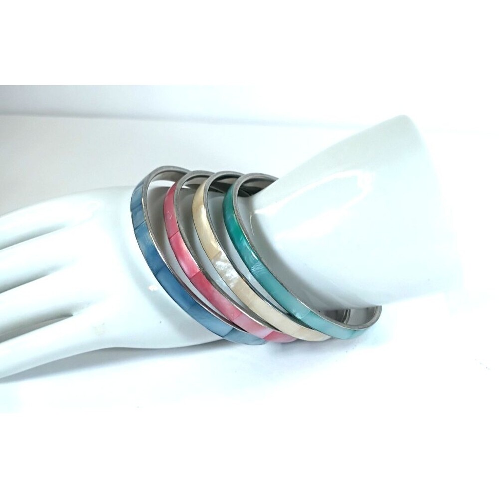 Vintage Mother of Pearl Inlay Slip On Bangle Bracelet Lot 4 Stackable Boho